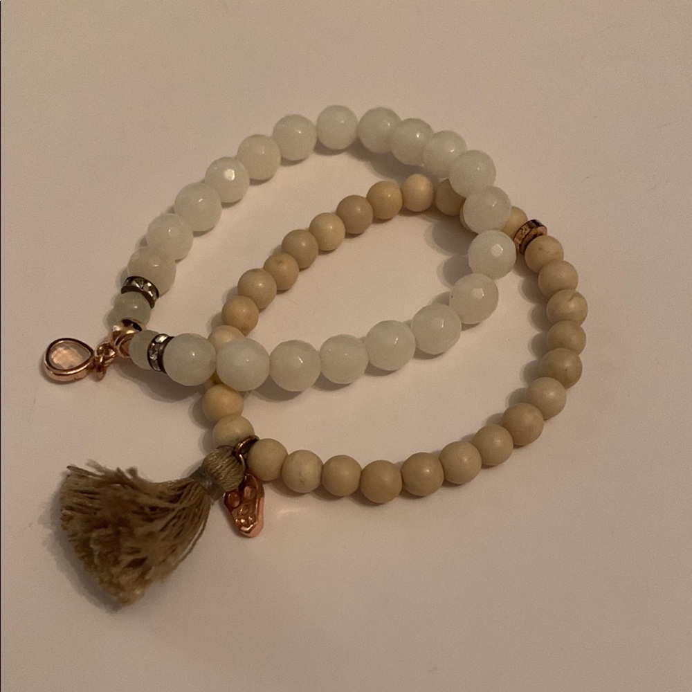 Boho Chic White and Tan Beaded Gem Bracelet Set